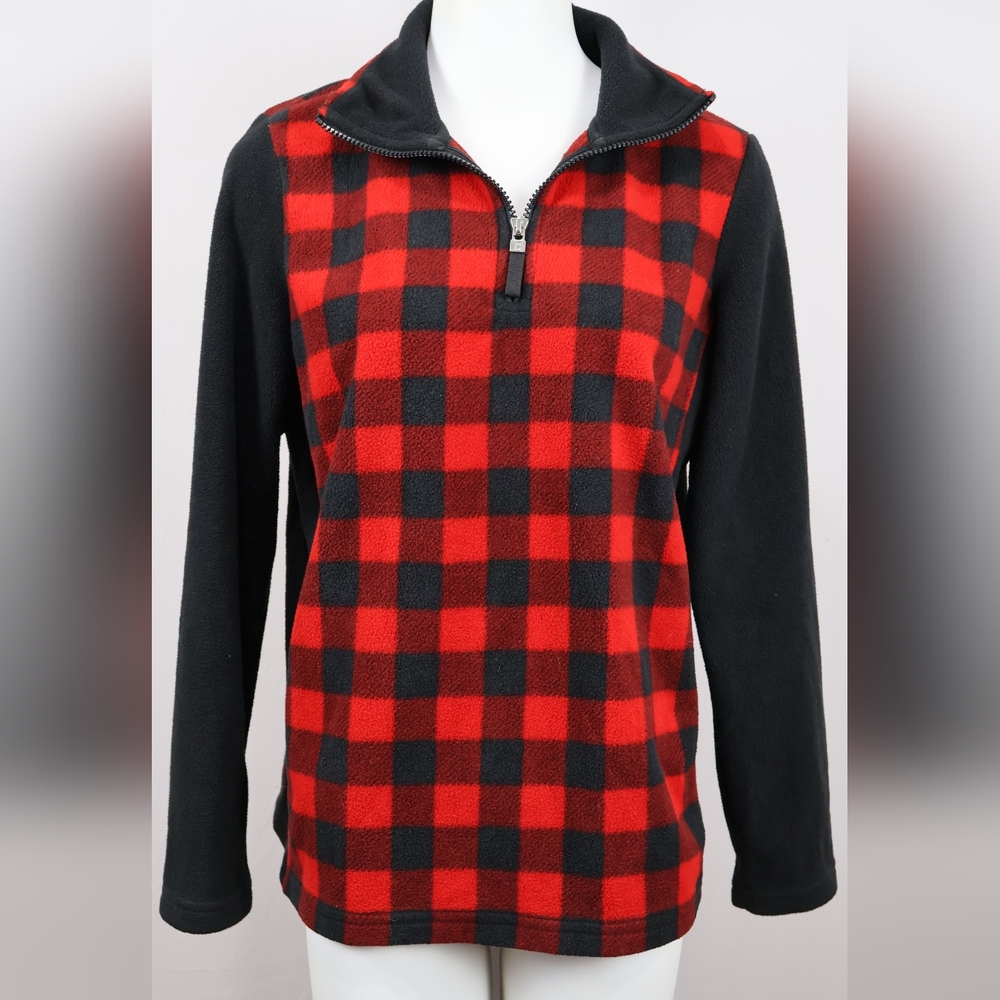 Chaps Red and Black Plaid Zip-Up Sweater
